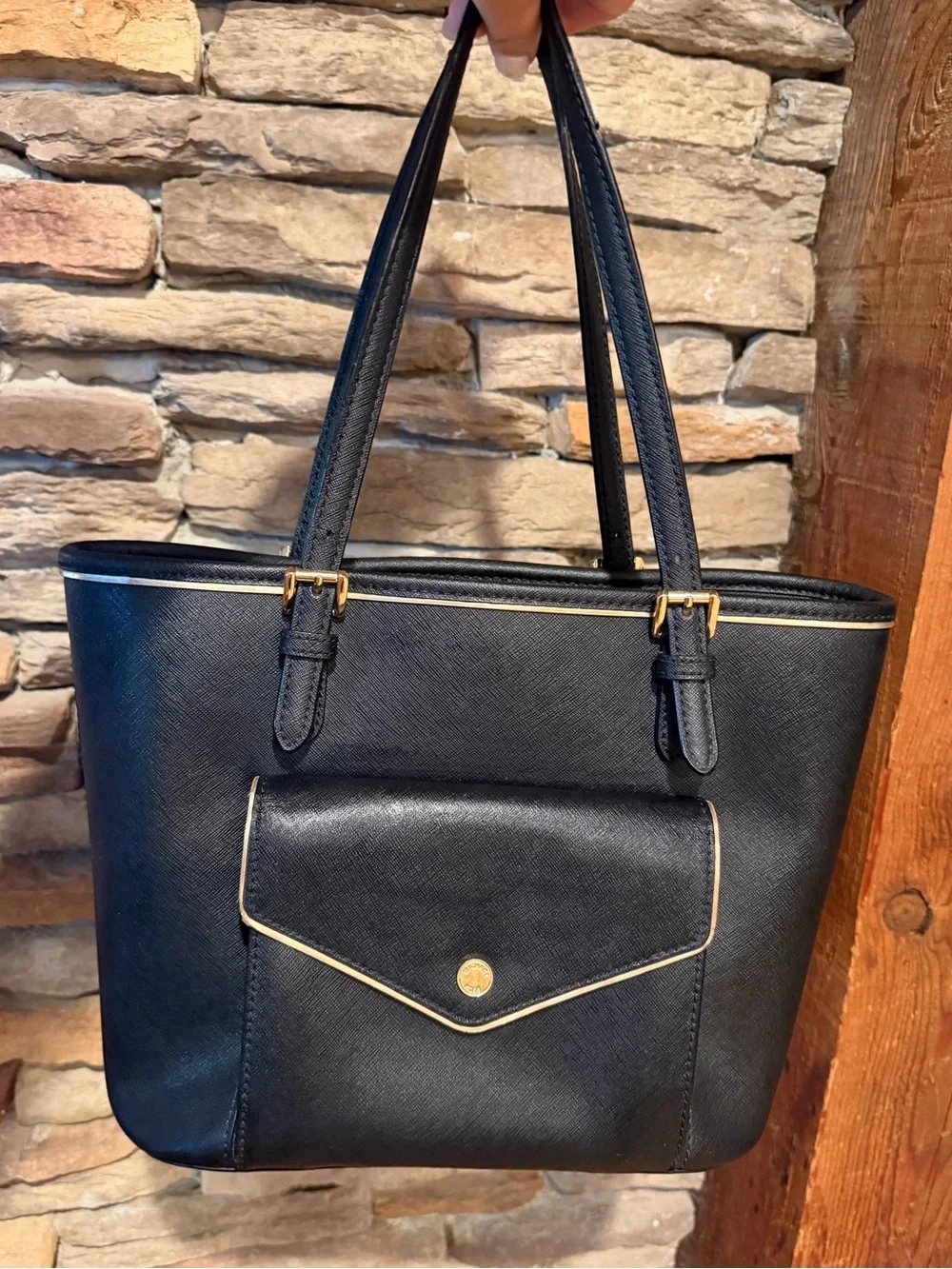 Michael Kors Black Saffiano Leather Tote with Gold Trim Excellent Condition